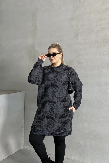 Büyük Beden Uzun Kollu Bisiklet Yaka Cepli Desenli Elbise 106-75