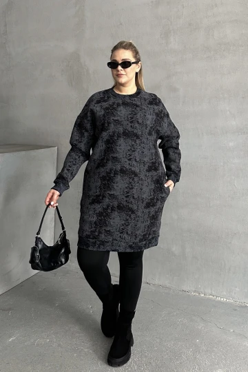 Büyük Beden Uzun Kollu Bisiklet Yaka Cepli Desenli Elbise 106-75