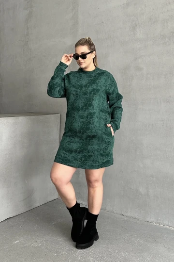 Büyük Beden Uzun Kollu Bisiklet Yaka Cepli Desenli Elbise 106-77