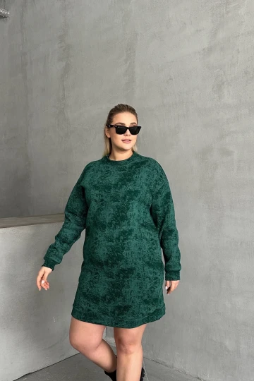 Büyük Beden Uzun Kollu Bisiklet Yaka Cepli Desenli Elbise 106-77