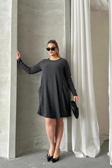 Büyük Beden Uzun Kollu Bisiklet Yaka Cepli Fitilli Elbise 304008