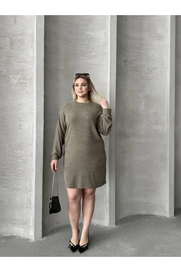 Büyük Beden Uzun Kollu Bisiklet Yaka Düz Kesim Elbise 106-97