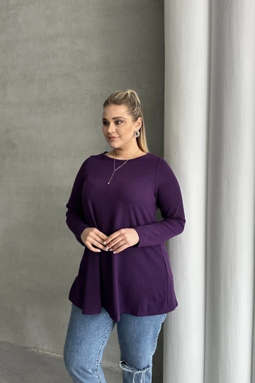 Büyük Beden Uzun Kollu Bisiklet Yaka Fitilli Bluz 100-123