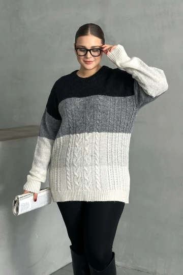 Büyük Beden Uzun Kollu Bisiklet Yaka Renk Bloklu Triko Kazak DG-04