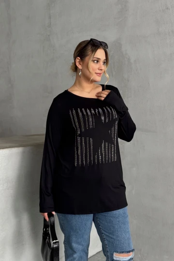 Büyük Beden Uzun Kollu Bisiklet Yaka Taş İşlemeli İnce Bluz 173716
