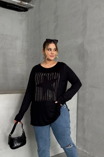Büyük Beden Uzun Kollu Bisiklet Yaka Taş İşlemeli İnce Bluz 173716