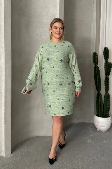 Büyük Beden Uzun Kollu Bisiklet Yaka Yıldız Desenli Esnek Elbise 84-158