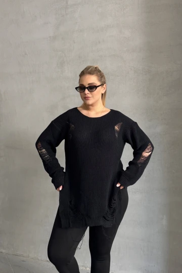 Büyük Beden Uzun Kollu Bisiklet Yaka Yırtık Detaylı Triko Kazak 303582