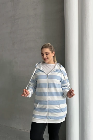 Büyük Beden Uzun Kollu Kapüşonlu Cepli Fermuarlı Hırka 74-104