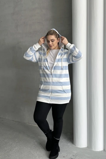 Büyük Beden Uzun Kollu Kapüşonlu Cepli Fermuarlı Hırka 74-104