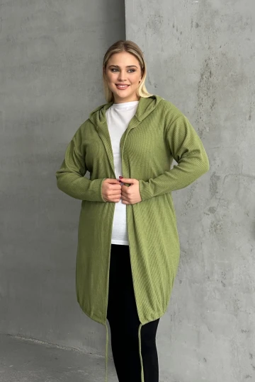 Büyük Beden Uzun Kollu Kapüşonlu Önü Kapamasız Fitilli Hırka 74-136