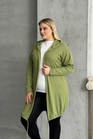 Büyük Beden Uzun Kollu Kapüşonlu Önü Kapamasız Fitilli Hırka 74-136