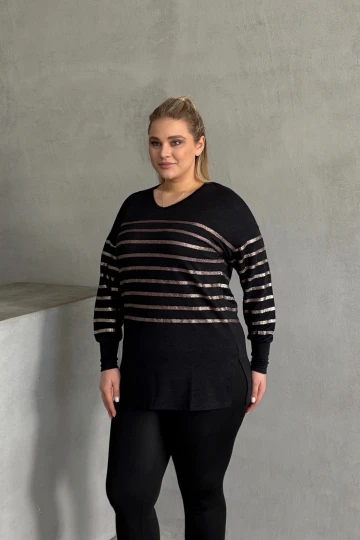 Büyük Beden Uzun Kollu V Yaka Bilekleri Lastikli Bluz 302910