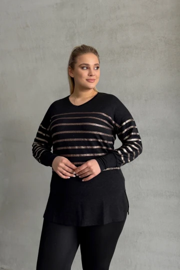 Büyük Beden Uzun Kollu V Yaka Bilekleri Lastikli Bluz 302910