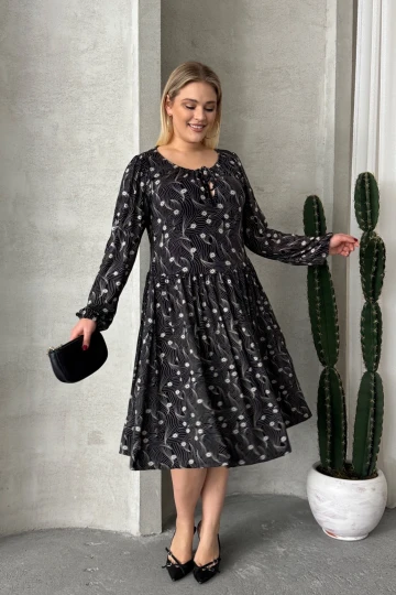 Büyük Beden Uzun Kollu Yakası Bağlama Detaylı Desenli Elbise 100-73