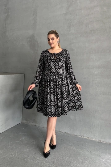 Büyük Beden Uzun Kollu Yakası Bağlamalı Eteği Pileli Elbise 100-75