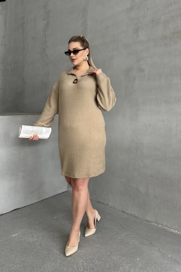 Büyük Beden Uzun Kollu Yumuşak Dokulu Yakası Fermuarlı Triko Elbise 106-37