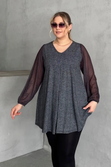 Büyük Beden Uzun Tül Kol V Yaka Bilekleri Lastikli Simli Bluz 78-132