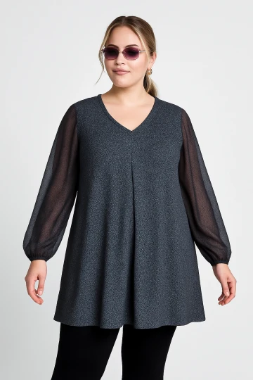 Büyük Beden Uzun Tül Kol V Yaka Bilekleri Lastikli Simli Bluz 78-132