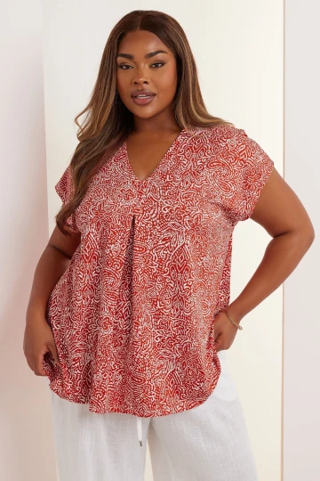 Büyük Beden V Yaka Çiçek Desenli Kısa Kollu T-shirt 322657