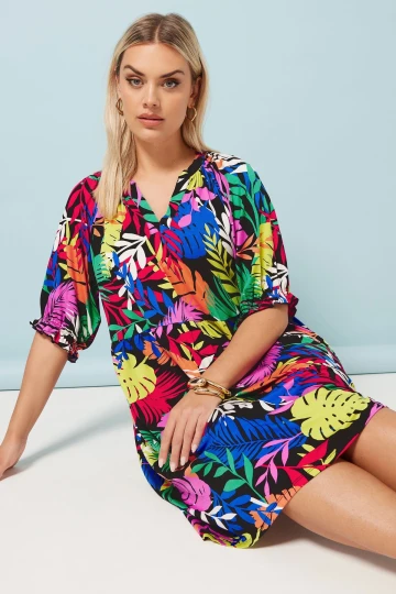 Büyük Beden V Yaka Çiçek Desenli Mini Elbise 304070