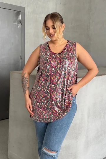 Büyük Beden V Yaka Desenli Payet İşlemeli Kolsuz Bluz 302386