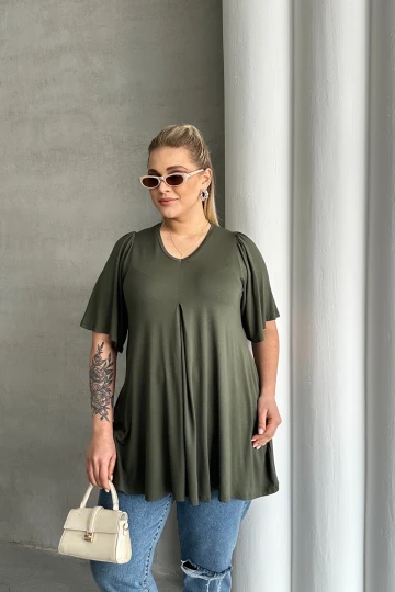 Büyük Beden V Yaka Desensiz Asimetrik Kesim Likralı Bluz MDL-4