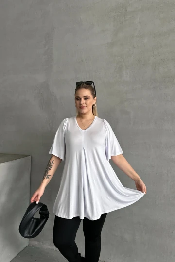 Büyük Beden V Yaka Desensiz Asimetrik Kesim Likralı Bluz MDL-2