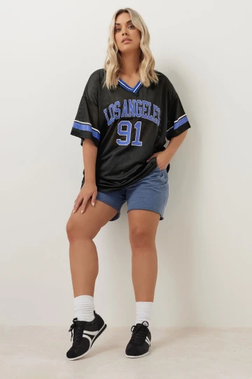 Büyük Beden V Yaka Kısa Kollu Baskılı File T-shirt 304004