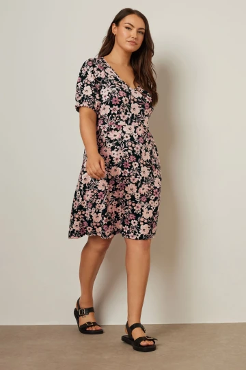 Büyük Beden V Yaka Kısa Kollu Çiçek Desenli Mini Elbise 137983