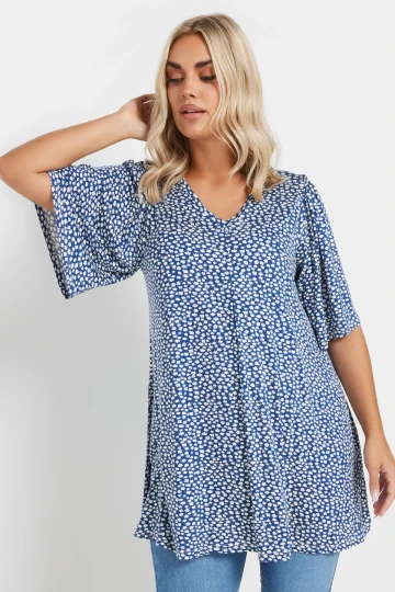 Büyük Beden V Yaka Kısa Kollu Eteği Bollaşan Desenli Bluz 303624