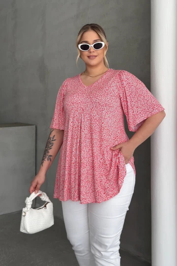 Büyük Beden V Yaka Kısa Kollu Eteği Bollaşan Desenli Bluz 98-5