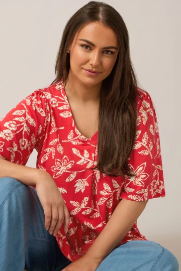 Büyük Beden V Yaka Kısa Kollu Önü Pileli Desenli Likralı Bluz 616172