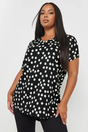 Büyük Beden V Yaka Kısa Kollu Puantiye Desenli Bluz 303496