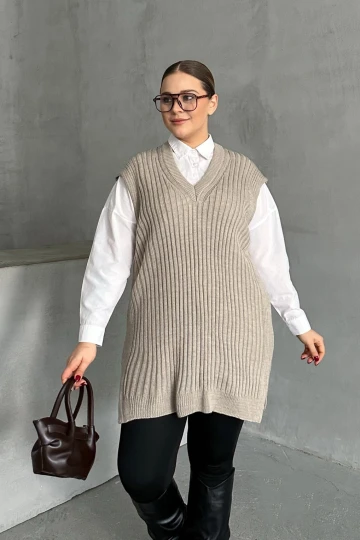 Büyük Beden V Yaka Kısa Kollu Triko Süveter 302133