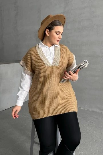 Büyük Beden V Yaka Kısa Kollu Triko Süveter 302135