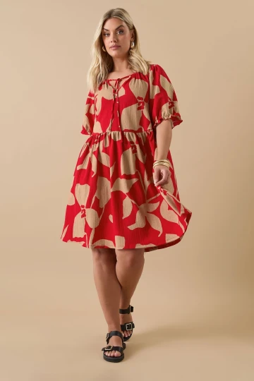 Büyük Beden V Yaka Bürümcük Kumaş Önü Bağlamalı Mini Elbise 304141