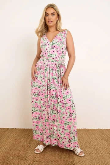 Büyük Beden V Yaka Sıfır Kol Beli Kuşaklı Desenli Maxi Elbise 303990