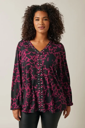 Büyük Beden V Yaka Uzun Kollu Taş Detaylı Desenli Bluz 615713