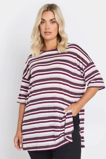 Büyük Beden Yanları Yırtmaçlı Kısa Kollu Bisiklet Yaka Çizgili T-shirt 303668