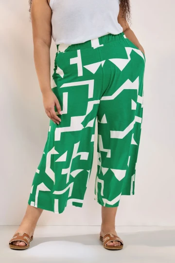 Büyük Beden Yüksek Bel Lastikli Cepli Bol Paça Kapri Pantolon 304118