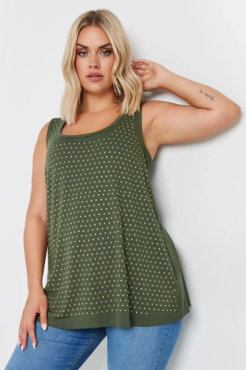 Büyük Beden Yuvarlak Yaka Sıfır Kol Zımba Detaylı Bluz 321832