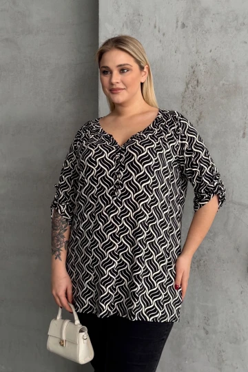 Büyük Beden V Yaka Önü Düğmeli Kolları Katlama Detaylı Likralı Bluz 1016