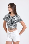 Belden Bağlama Detaylı Yarım Kollu Zebra Desenli Crop Bluz