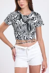 Belden Bağlama Detaylı Yarım Kollu Zebra Desenli Crop Bluz