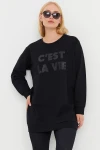 Önü Yazı ve Pul Baskılı Uzun Kol Bisiklet Yaka Siyah Sweatshirt IHR-23Y-IZ23BIG