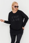 Önü Yazı ve Pul Baskılı Uzun Kol Bisiklet Yaka Siyah Sweatshirt IHR-23Y-IZ23BIG