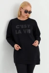 Önü Yazı ve Pul Baskılı Uzun Kol Bisiklet Yaka Siyah Sweatshirt IHR-23Y-IZ23BIG