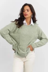 Boncuk İşlemeli Bisiklet Yaka Uzun Kollu Yumuşak Dokulu Örme Sweatshirt IZ6505