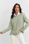 Boncuk İşlemeli Bisiklet Yaka Uzun Kollu Yumuşak Dokulu Örme Sweatshirt IZ6505